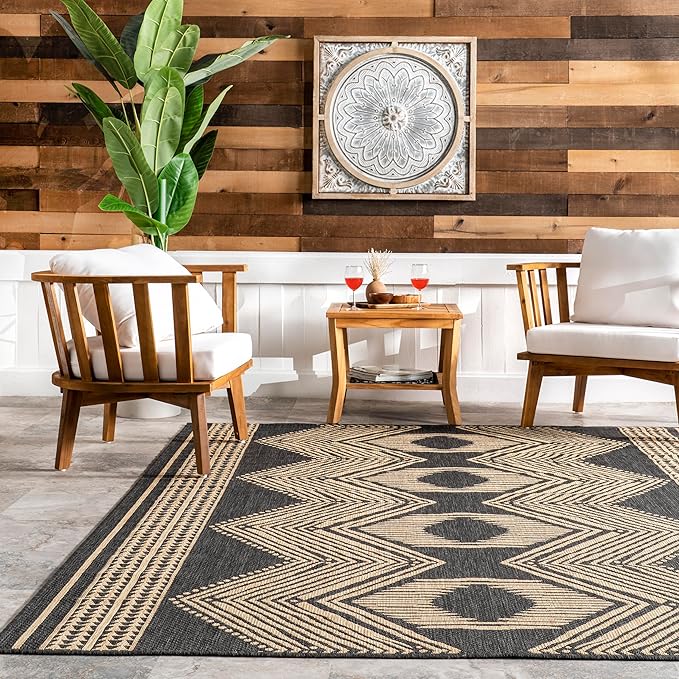 nuLOOM 5' x 8' Outdoor Tribal Geometric Area Rug, Stain Resistant, Weather Resistant, High Traffic, Patio, Balcony, Outside, Ranya Dark Grey