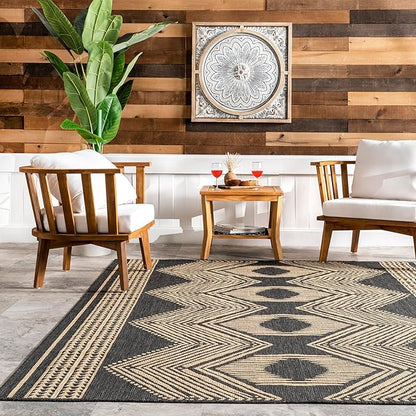 nuLOOM 10' x 13' Outdoor Tribal Geometric Area Rug, Stain Resistant, Weather Resistant, High Traffic, Patio, Balcony, Outside, Ranya Dark Grey