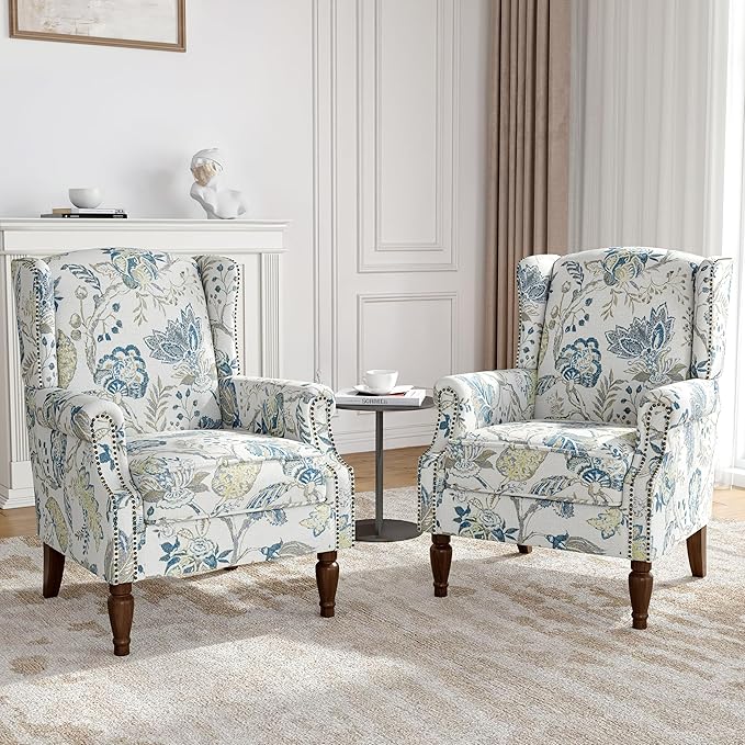 Floral Wingback Accent Chair Set of 2, High Back Upholstered Armchair, Comfy Fabric Wingback Arms Chairs with Retro Solid Wood Legs, Single Sofa Reading Chair for Bedroom Living Room, Plants Blue
