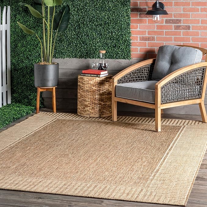 nuLOOM 4' x 6' Outdoor Area Rug, Casual Design With Striped Border, Stain Resistant, Highly Durable, For Patio, Balcony, Bedroom, Living Room, Dining Room, Bathroom, Light Brown