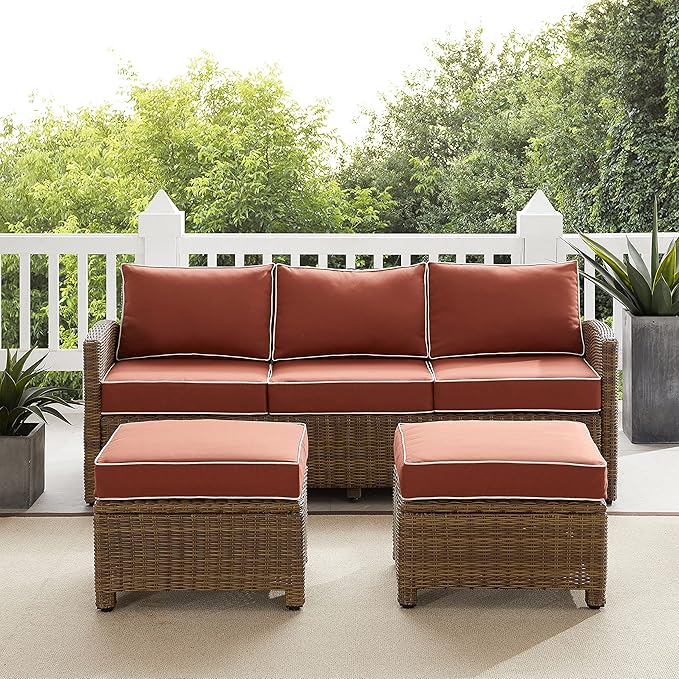 Crosley Furniture Bradenton 3-Piece Outdoor Sofa Patio Furniture Set, Wicker Conversation Sets for Porch, Brown with Sangria Cushions