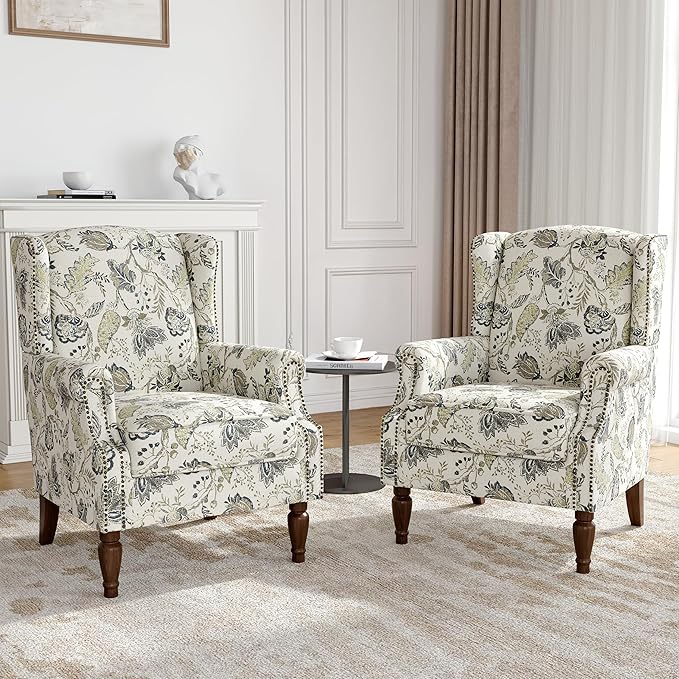 Floral Wingback Accent Chairs Set of 2, High Back Upholstered Armchair, Comfy Fabric Wingback Arms Chairs with Retro Solid Wood Legs, Single Sofa Reading Chair for Bedroom Living Room, Plants Beige