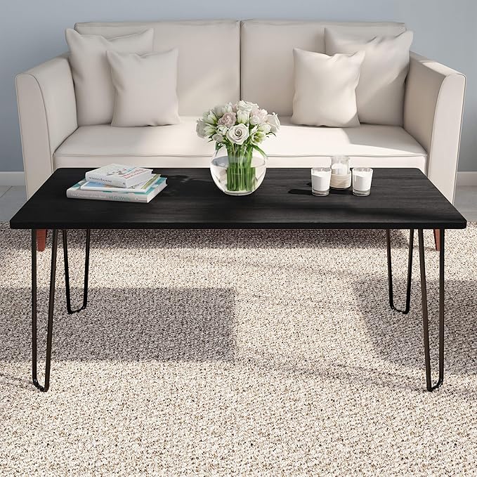 Coffee Table with Hairpin Legs - Modern Industrial Style Home Decor - Woodgrain-Look and Steel Accent Living Room Furniture by Lavish Home (Black)