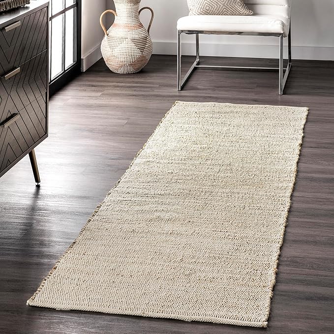 nuLOOM 2'6" x 12' Elfriede Jute & Cotton Hand Woven Area Rug, Natural, Solid Rustic Farmhouse Style, Weaved Design, Natural Fiber, For Bedroom, Living Room, Dining Room, Hallway, Office, Entryway