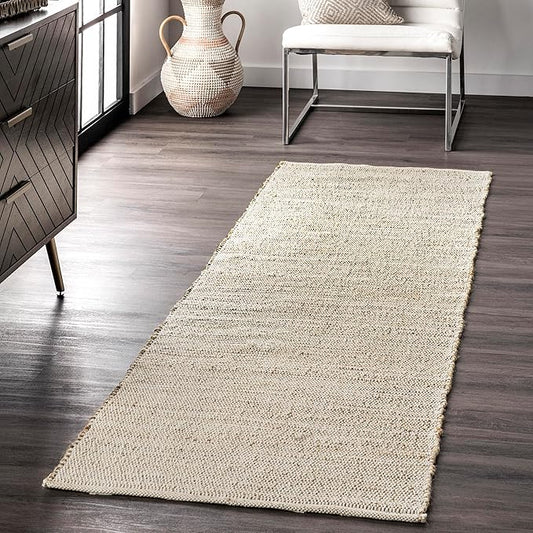 nuLOOM 2'6" x 12' Elfriede Jute & Cotton Hand Woven Area Rug, Natural, Solid Rustic Farmhouse Style, Weaved Design, Natural Fiber, For Bedroom, Living Room, Dining Room, Hallway, Office, Entryway
