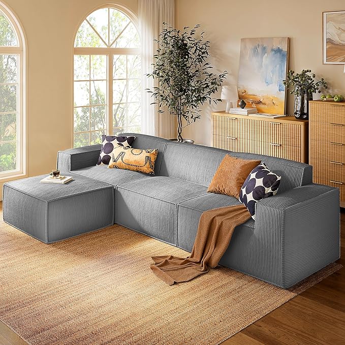 Marsail Modular Sectional Sofa, 111" L-Shaped Modular Sectional Couch with Deep Seat, Freely Combinable Sectional Cloud Sofa for Living Room, No Assembly, Plush Corduroy Fabric, Grey