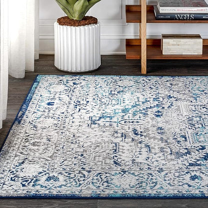 JONATHAN Y Modern Vintage Medallion Navy/Light Gray 9' Round Indoor Area Rug, Country, Floral, Easy-Cleaning for Living Room, Bedroom, Kitchen, Pet Friendly, Non-Shedding (MDP100B-9R)