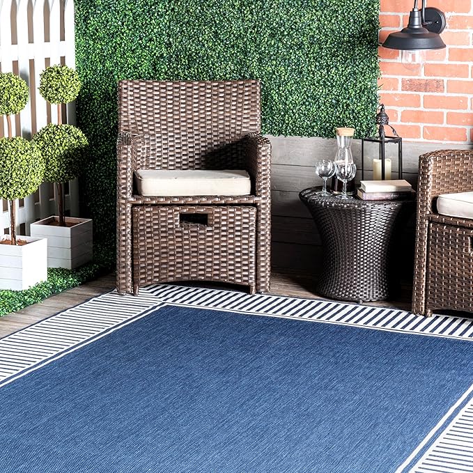 nuLOOM 8' Square Outdoor Area Rug, Casual Design with Striped Border, Stain Resistant, Highly Durable, for Patio, Balcony, Bedroom, Living Room, Dining Room, Bathroom, Navy
