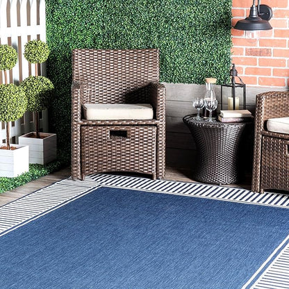 nuLOOM 2' x 10' Outdoor/Indoor Asha Area Rug, Asha Navy, Casual Design with Striped Border, Stain Resistant, Highly Durable, for Patio, Balcony, Bedroom, Living Room, Dining Room, Bathroom