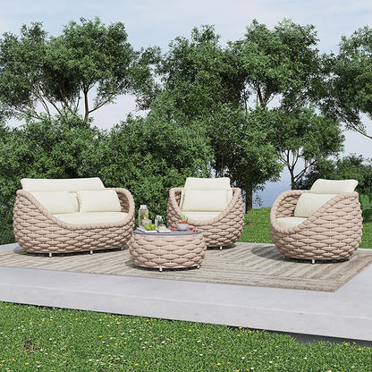 4 Piece Aluminum Patio Furniture: Hand Woven Rope Sofa - Modern Outdoor Sofa Seating with Cushion - All Weather Patio Set for Deck, Yard, Garden, Poolside, Hotel - Terracotta