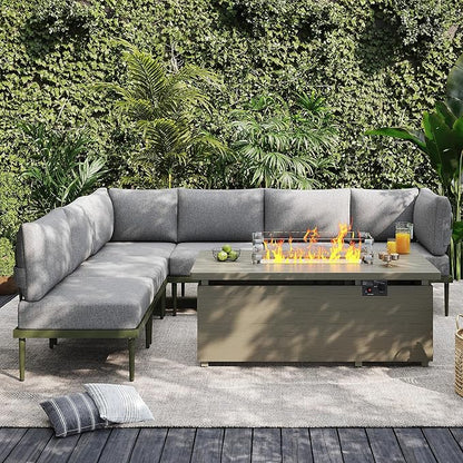 Sundale Outdoor 7 Pieces Patio Furniture Set with Fire Pit Table, L-Shaped Outdoor Sectional Sofa with 6 Inch Olefin Cushion, All-Weather Modern Metal Outdoor Conversation Sets (6 Seats,Green Frame)