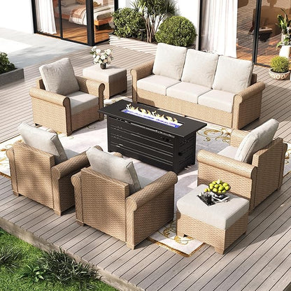 Patio Furniture Set 8 pcs, Wicker Rattan Outdoor Furniture with 5.5" Thick Waterproof Cushions, and 56" Fire Pit Table, All Weather Outdoor Conversation Set for Backyard Deck, 9 Seats Beige