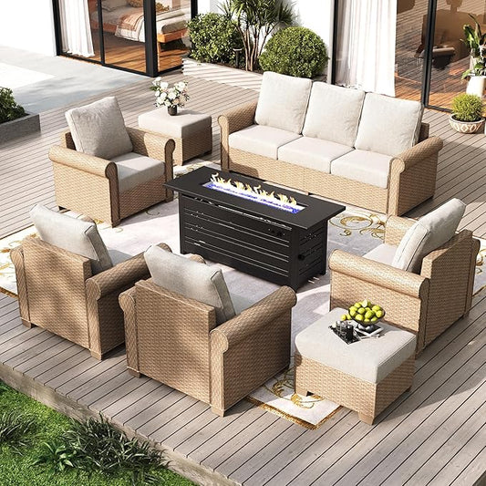 Patio Furniture Set 8 pcs, Wicker Rattan Outdoor Furniture with 5.5" Thick Waterproof Cushions, and 56" Fire Pit Table, All Weather Outdoor Conversation Set for Backyard Deck, 9 Seats Beige