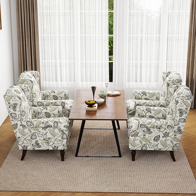 Accent Chair, Upholstered High Back Floral Armchair with Nailhead Trim & Wood Legs, Comfy Wingback Reading Single Sofa Chair for Small Spaces, Living Room, Bedroom ( Plants Beige Floral, Set of 2)