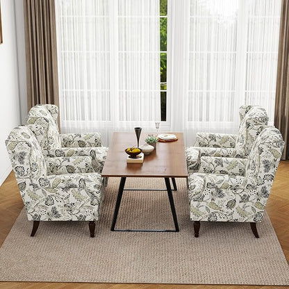 Accent Chair, Upholstered High Back Floral Armchair with Nailhead Trim & Wood Legs, Comfy Wingback Reading Single Sofa Chair for Small Spaces, Living Room, Bedroom ( Plants Beige Floral, Set of 2)