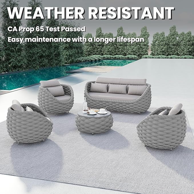 5 Pieces Porch Patio Conversation Set: Hand Woven Rope, Rusrproof Aluminum Frame, Weather Resistant, Thick Cushions, No Assembly Furniture, Comfy Outdoor Sofa Set for Deck Yard Lawn Hotel - Gray