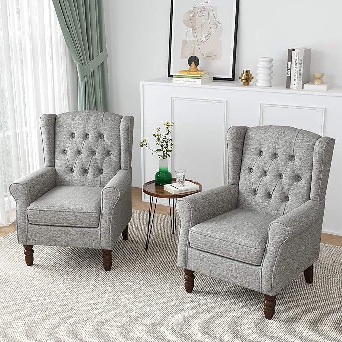 High Back Accent Chair, High Wingback Chair for Living Room, Button-Tufted Upholstered Fabric Armchair with Solid Wood Legs, Comfy Single Sofa Reading Chair for Bedroom, Light Gray
