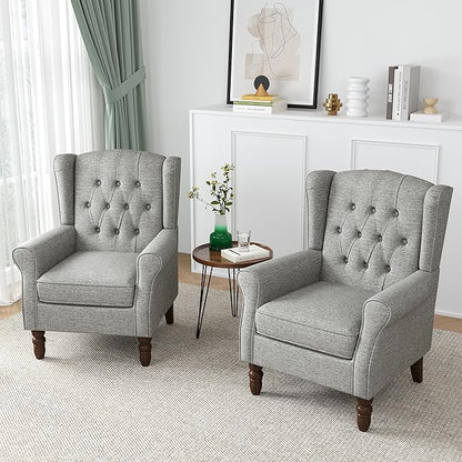 High Back Accent Chair, High Wingback Chair for Living Room, Button-Tufted Upholstered Fabric Armchair with Solid Wood Legs, Comfy Single Sofa Reading Chair for Bedroom, Light Gray