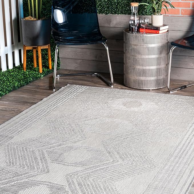 nuLOOM 10' x 13' Outdoor Tribal Geometric Area Rug, Stain Resistant, Weather Resistant, High Traffic, Patio, Balcony, Outside, Ranya Light Grey