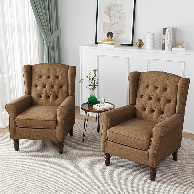 High Back Accent Chairs Set of 2, High Wingback Chair for Living Room, Button-Tufted Upholstered Fabric Armchair with Solid Wood Legs, Comfy Single Sofa Reading Chair for Bedroom, Brown