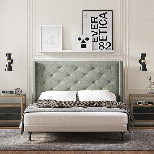 Glenwillow Home Huppe Button Tufted MCM Wingback Upholstered Headboard, Stone, Full/Queen