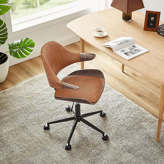 Art Leon Mid Century Desk Chair - Faux Leather Upholstered Swivel Desk Chair, Office Chair with Wheels, Adjustable Height Task Chair with Metal Base, Dark Gray Oak Bentwood, Brown
