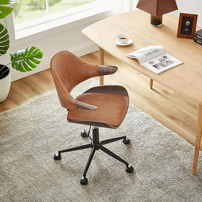 Art Leon Mid Century Desk Chair - Faux Leather Upholstered Swivel Desk Chair, Office Chair with Wheels, Adjustable Height Task Chair with Metal Base, Dark Gray Oak Bentwood, Brown