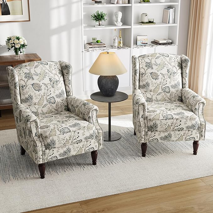 Floral Accent Chair, Retro Modern Farmhouse Wingback Armchair with High Back, Tufted Nailhead Trim & Solid Wood Legs, Upholstered Reading Chair for Living Room, Bedroom, Office (Plants Beige)