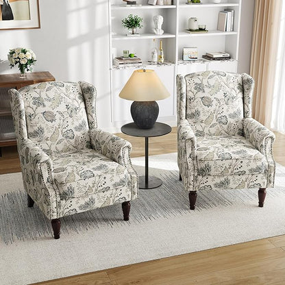 Floral Accent Chair, Retro Modern Farmhouse Wingback Armchair with High Back, Tufted Nailhead Trim & Solid Wood Legs, Upholstered Reading Chair for Living Room, Bedroom, Office (Plants Beige)