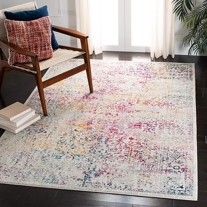 SAFAVIEH Evoke Collection 3' x 5' Ivory / Fuchsia EVK256Q Oriental Distressed Non-Shedding Living Room Bedroom Accent Rug