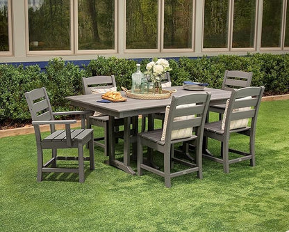 POLYWOOD Lakeside Farmhouse 7-Piece Outdoor Dining Set, Patio Furniture Table and Chairs, HDPE, Seats 6, Teak, Made in USA