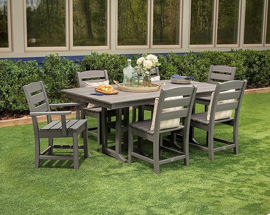 POLYWOOD Lakeside Farmhouse 7-Piece Outdoor Dining Set, Patio Furniture Table and Chairs, HDPE, Seats 6, Teak, Made in USA
