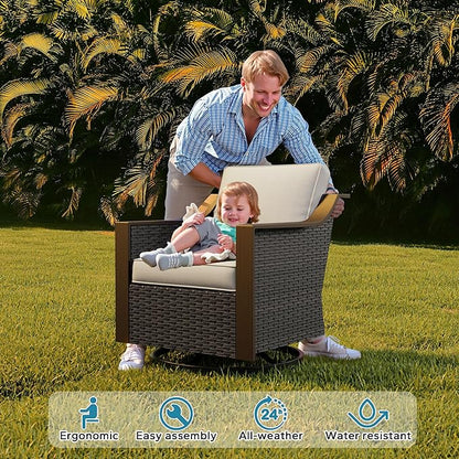 3 Pieces Outdoor Patio Conversation Furniture Set - 75" 3-Seat Sofa | 2 Swivel Glider Rocker Chairs | Wicker End Table, Metal Wicker Couch, Deck (Beige and Brown Stripe)