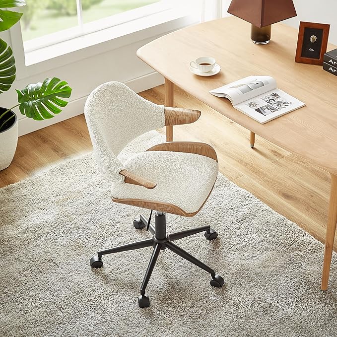 Art Leon Swivel Desk Chair, Mid Century Modern Office Chair with Wheels, Boucle Fabric Upholstered Arm Chair, Adjustable Height Task Chair with Metal Base, Washed Oak Bentwood, White