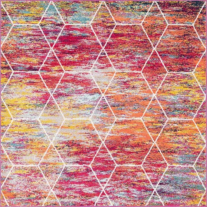 Unique Loom Trellis Frieze Collection Area Rug - Geometric (7' Square, Multi/ Ivory)