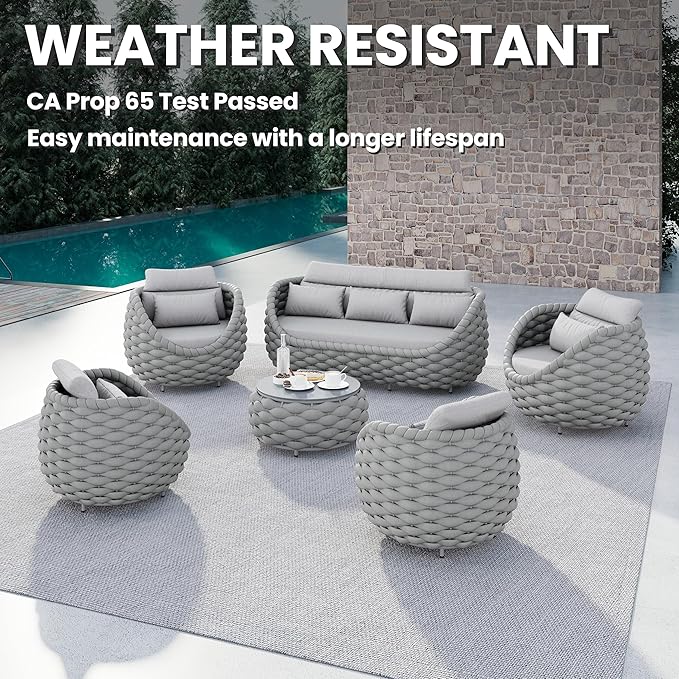 6 Pieces Deck Patio Furniture Set: Hand Woven Rope, Rusrproof Aluminum Frame, Weather Resistant, Thick Cushions, No Assembly, Comfy Outdoor Conversation Sofa Set for Porch Yard Lawn Hotel - Gray