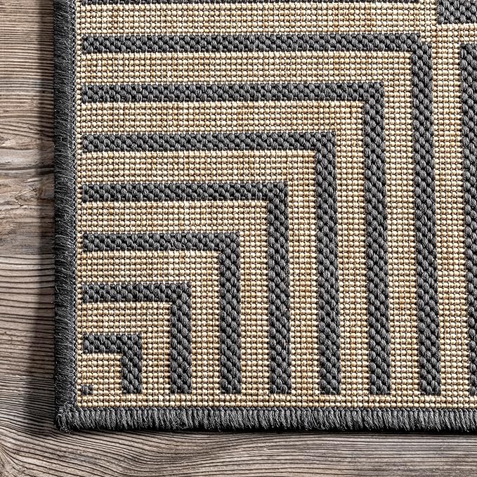nuLOOM 2' x 6' Outdoor/Indoor Asha Area Rug, Asha Dark Grey, Casual Design with Striped Border, Stain Resistant, Highly Durable, for Patio, Balcony, Bedroom, Living Room, Dining Room, Bathroom
