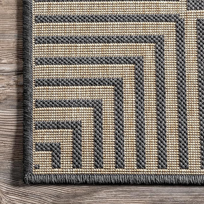 nuLOOM 2' x 8' Outdoor Area Rug, Casual Design With Striped Border, Stain Resistant, Highly Durable, For Patio, Balcony, Bedroom, Living Room, Dining Room, Bathroom, Dark Grey
