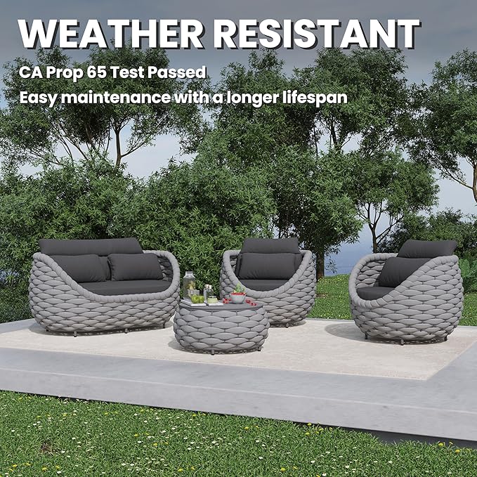 Aluminum Outdoor Patio Furniture Set: 6 Pieces Porch Rope Conversation Sofa Set - Modern Woven Deck Couch Set Cushioned - No Assembly All Weather Seating for 660lbs Yard Garden Lanai Hotel Pool