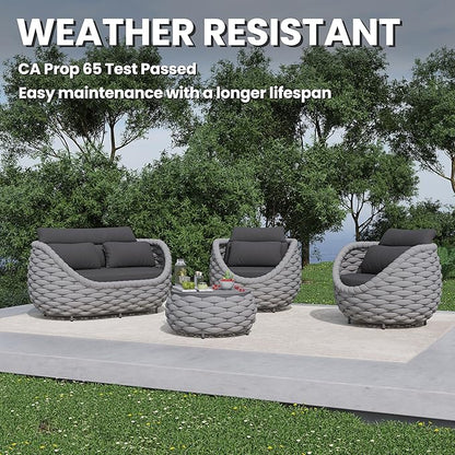 4 Pieces Assembled Patio Conversation Sets, Hand Woven Rope Outdoor Furniture Sofa Set - Aluminum Modern Cushions Couch Armchair Table Set - All Weather for Indoor Deck Porch Backyard Hotel