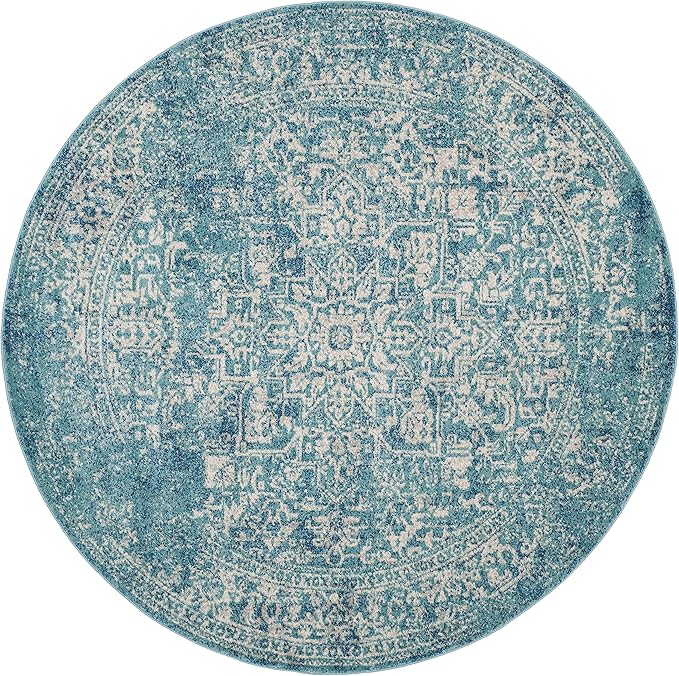 SAFAVIEH Evoke Collection Area Rug - 3' Round, Blue & Ivory, Distressed Design, Non-Shedding & Easy to Clean, Ideal for Foyer, Bedroom, Accent Space (EVK256C)