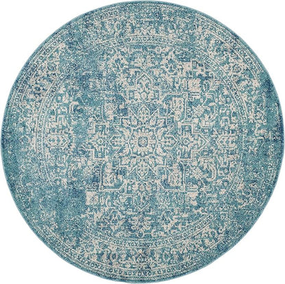 SAFAVIEH Evoke Collection Area Rug - 3' Round, Blue & Ivory, Distressed Design, Non-Shedding & Easy to Clean, Ideal for Foyer, Bedroom, Accent Space (EVK256C)