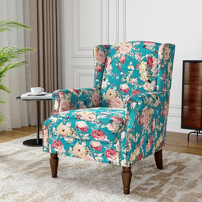 Wingback Accent Chair, High Back Upholstered Armchair, Floral Fabric Wingback Arms Chairs with Retro Solid Wood Legs, Single Sofa Reading Chair for Bedroom Living Room, Peacock Blue