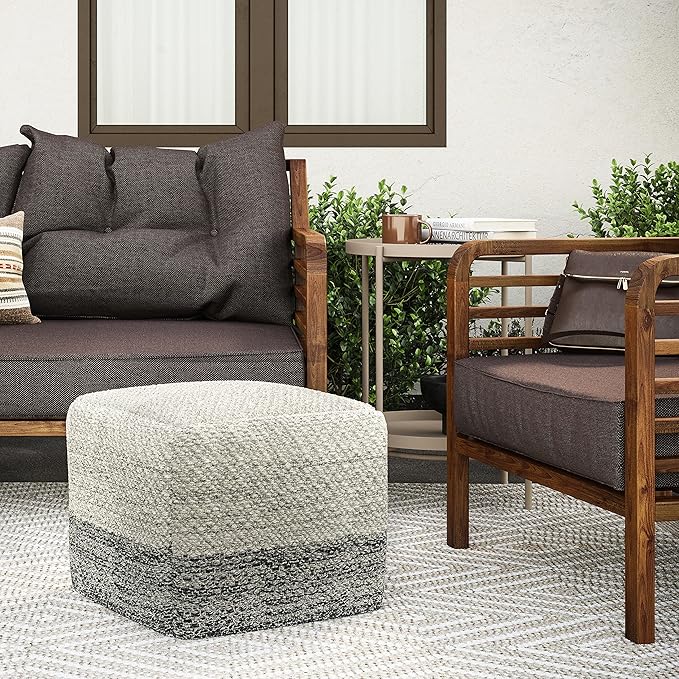 SIMPLIHOME Macie Boho Square Woven Outdoor/ Indoor Pouf in Grey and White Recycled PET Polyester for the Living Room, Bedroom and Kids Room