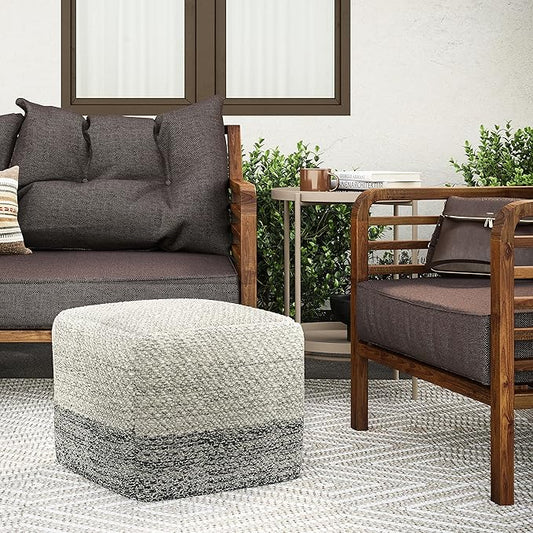 SIMPLIHOME Macie Boho Square Woven Outdoor/ Indoor Pouf in Grey and White Recycled PET Polyester for the Living Room, Bedroom and Kids Room