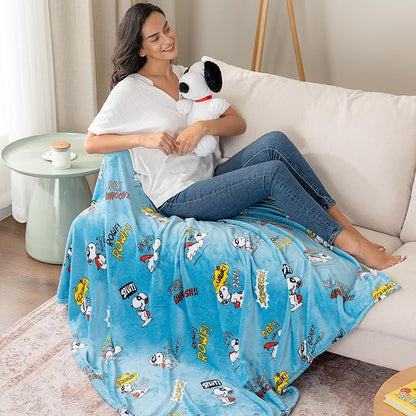 Berkshire Blanket Peanuts® VelvetLoft® Cute Character Snoopy Plush Throw Blanket,Peanuts Large Masked Marvel Toss Happy Blue,Throw 55 in x 70 in (Official Peanuts® Product)