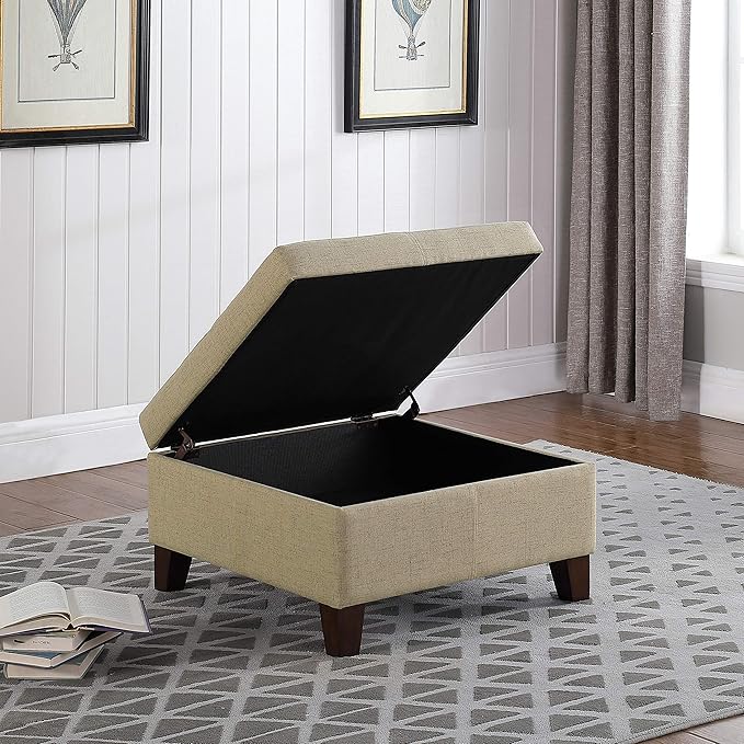 HomePop Woven Square Storage Ottoman with Wood Legs, Linen Tan