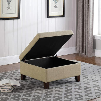 HomePop Woven Square Storage Ottoman with Wood Legs, Linen Tan