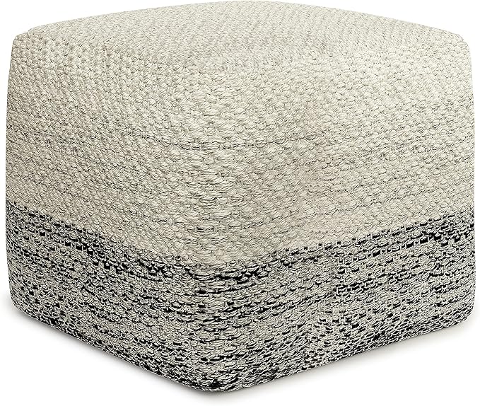 SIMPLIHOME Macie Boho Square Woven Outdoor/ Indoor Pouf in Grey and White Recycled PET Polyester for the Living Room, Bedroom and Kids Room