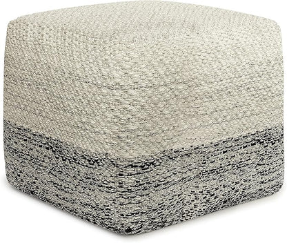 SIMPLIHOME Macie Boho Square Woven Outdoor/ Indoor Pouf in Grey and White Recycled PET Polyester for the Living Room, Bedroom and Kids Room